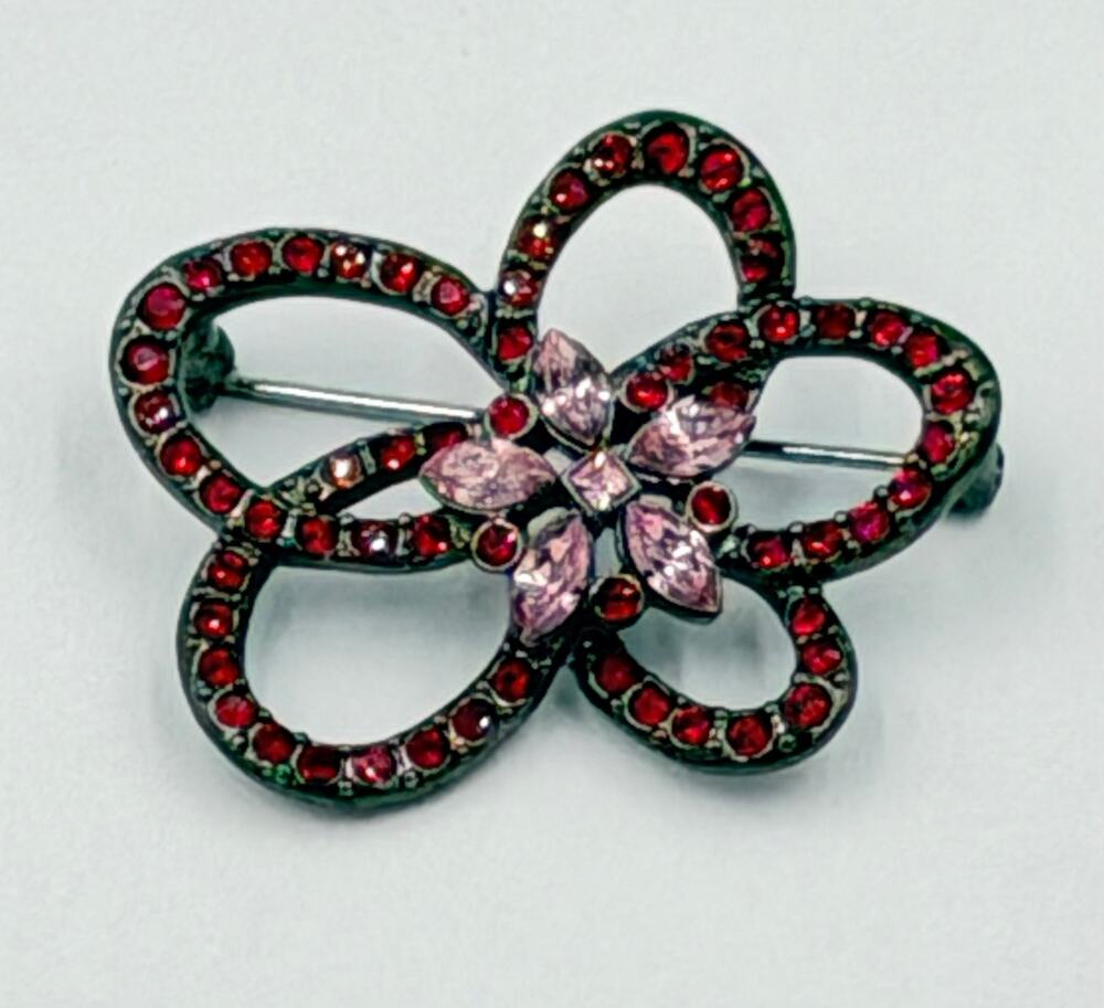 Vintage GIVENCHY Pink Looping Flower Rhinestone Gunmetal Tone Brooch